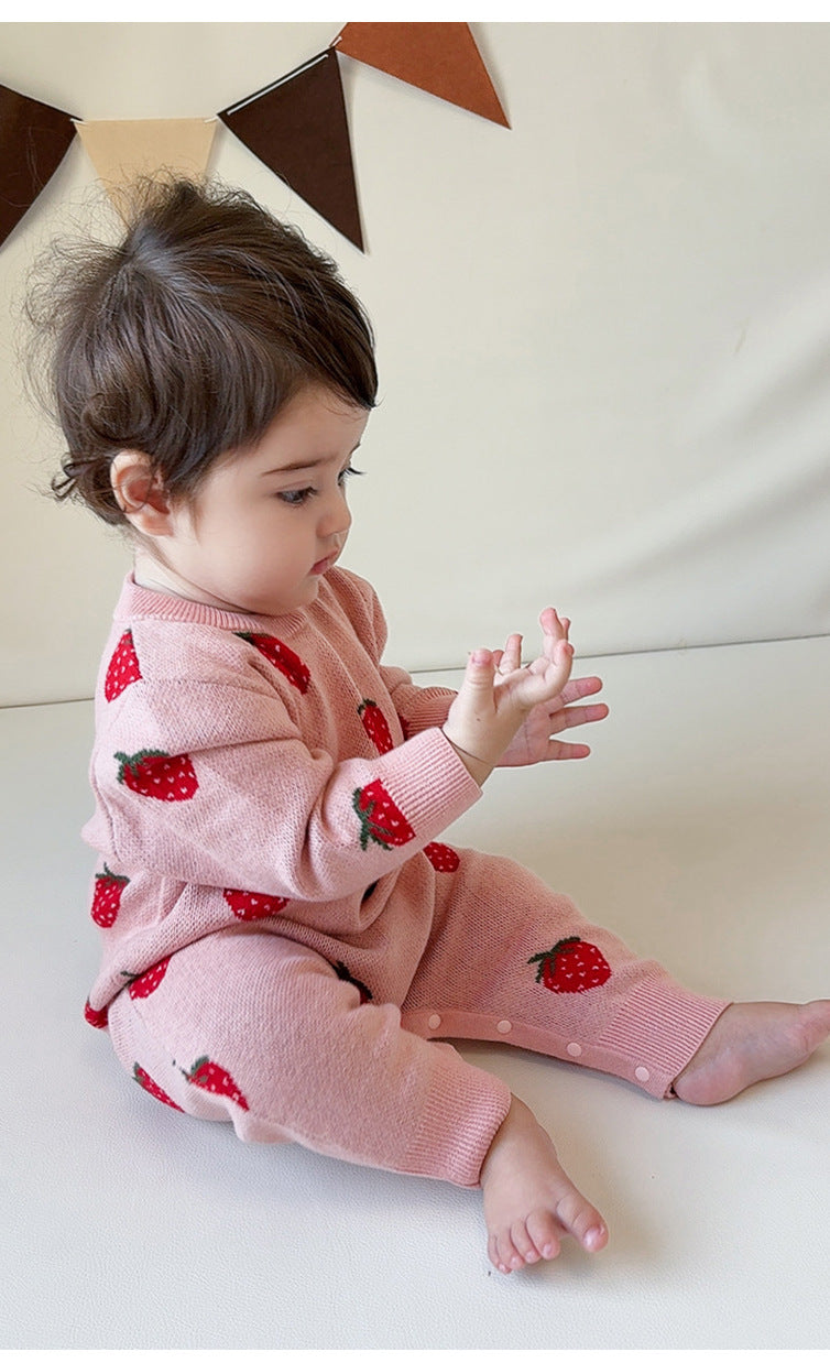 長袖ロンパース 長袖ニットロンパース いちご/ハート ジャンプスーツ【mh0011727】