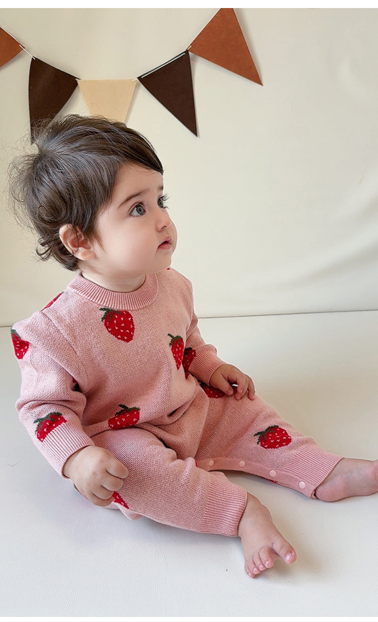 長袖ロンパース 長袖ニットロンパース いちご/ハート ジャンプスーツ【mh0011727】