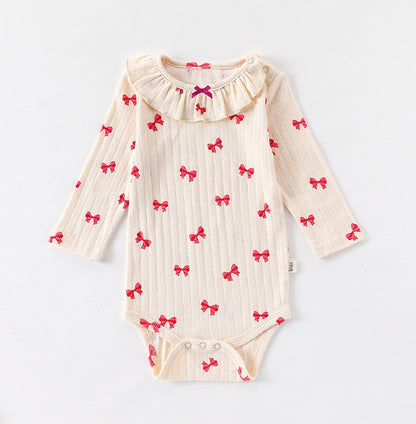 長袖ロンパース 長袖ロンパース ラッフル襟 リボンプリント ボディスーツ【mh0011728】