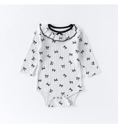 長袖ロンパース 長袖ロンパース ラッフル襟 リボンプリント ボディスーツ【mh0011728】