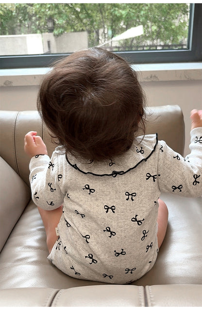 長袖ロンパース 長袖ロンパース ラッフル襟 リボンプリント ボディスーツ【mh0011728】