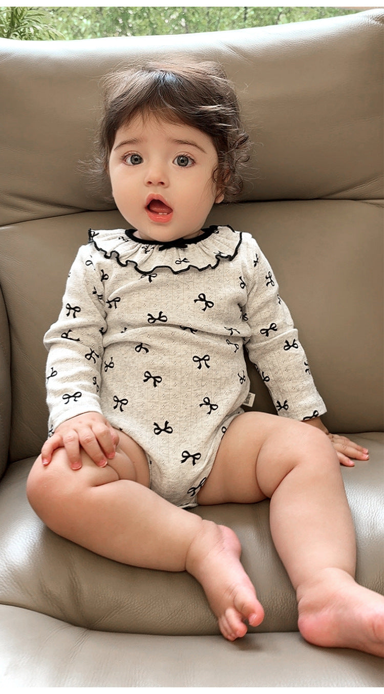 長袖ロンパース 長袖ロンパース ラッフル襟 リボンプリント ボディスーツ【mh0011728】