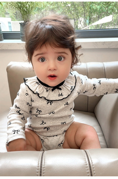 長袖ロンパース 長袖ロンパース ラッフル襟 リボンプリント ボディスーツ【mh0011728】