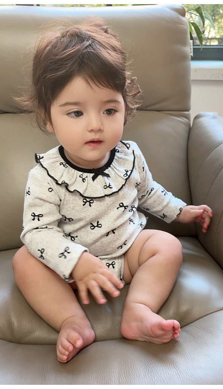 長袖ロンパース 長袖ロンパース ラッフル襟 リボンプリント ボディスーツ【mh0011728】