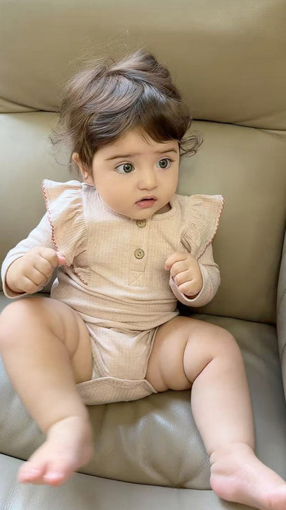 ロンパースセットアップ 長袖ロンパース/パンツ ショルダーフリル 無地 ベーシック ボディスーツ【mh0011729】