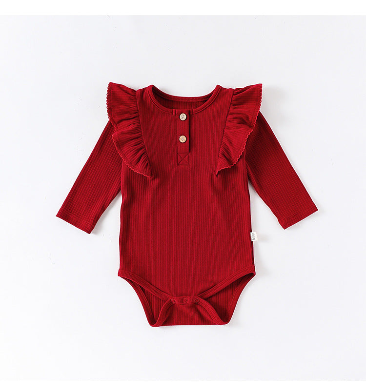 ロンパースセットアップ 長袖ロンパース/パンツ ショルダーフリル 無地 ベーシック ボディスーツ【mh0011729】