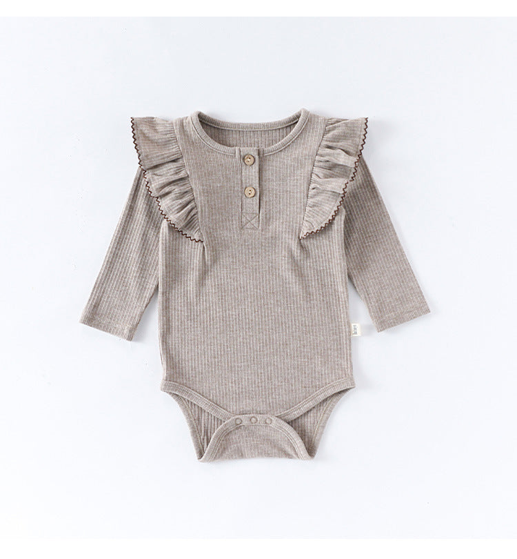 ロンパースセットアップ 長袖ロンパース/パンツ ショルダーフリル 無地 ベーシック ボディスーツ【mh0011729】