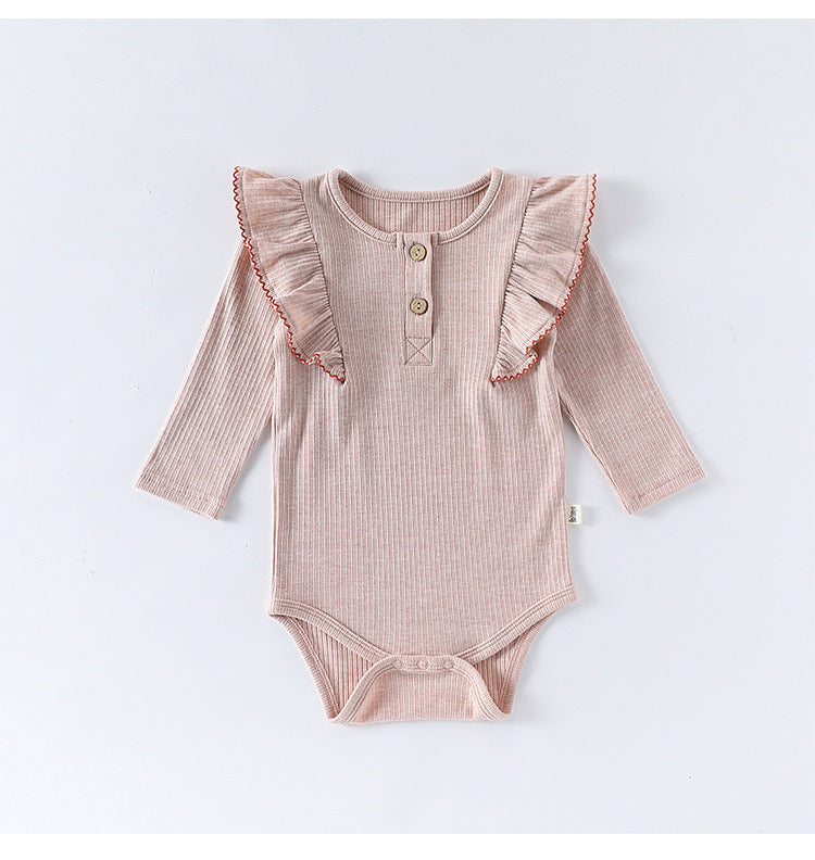 ロンパースセットアップ 長袖ロンパース/パンツ ショルダーフリル 無地 ベーシック ボディスーツ【mh0011729】