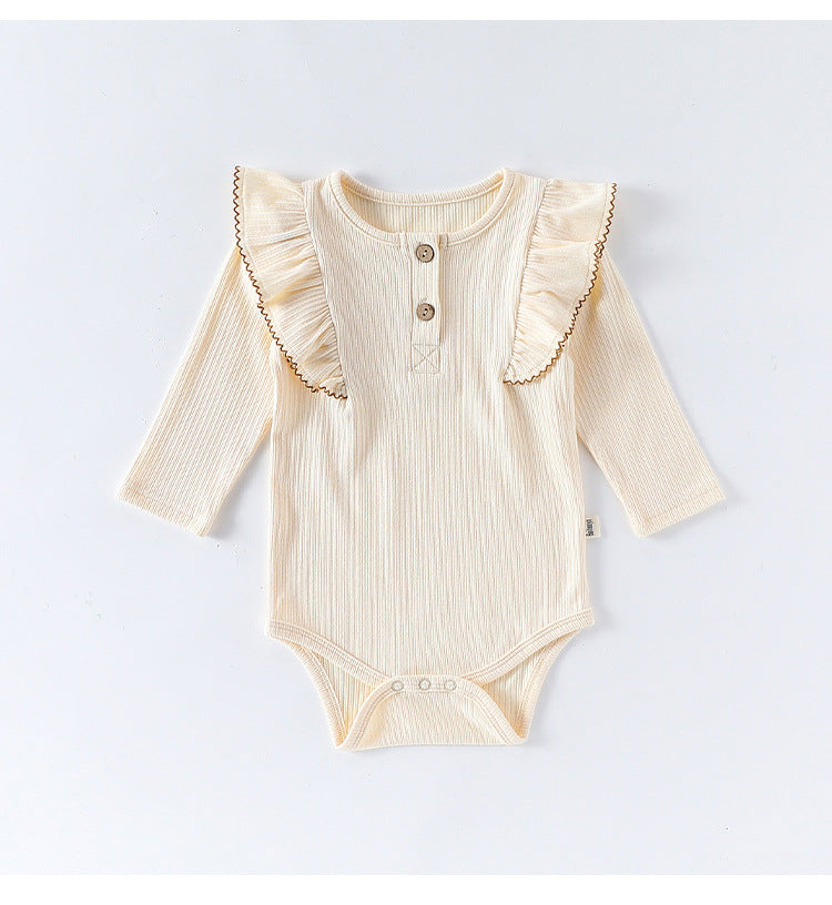 ロンパースセットアップ 長袖ロンパース/パンツ ショルダーフリル 無地 ベーシック ボディスーツ【mh0011729】