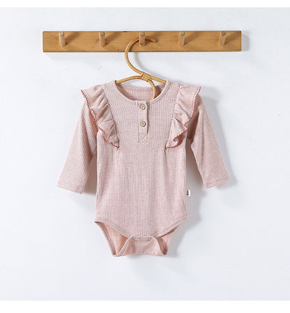 ロンパースセットアップ 長袖ロンパース/パンツ ショルダーフリル 無地 ベーシック ボディスーツ【mh0011729】