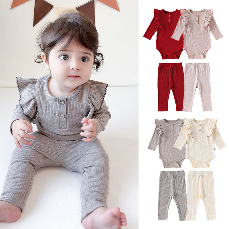 ロンパースセットアップ 長袖ロンパース/パンツ ショルダーフリル 無地 ベーシック ボディスーツ【mh0011729】