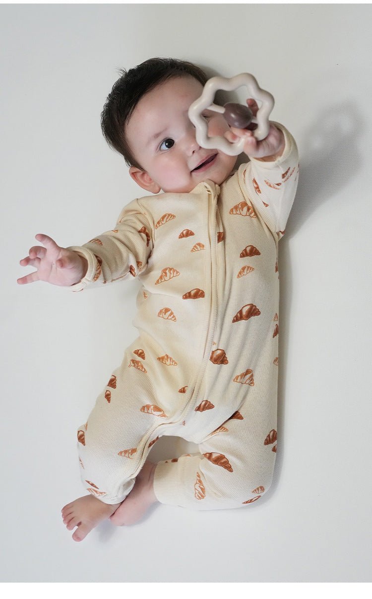 長袖ジャンプスーツ 長袖ジャンプスーツ ジップアップ ブレッド クロワッサン 鳥 バード プリント カバーオール【mh0011730】