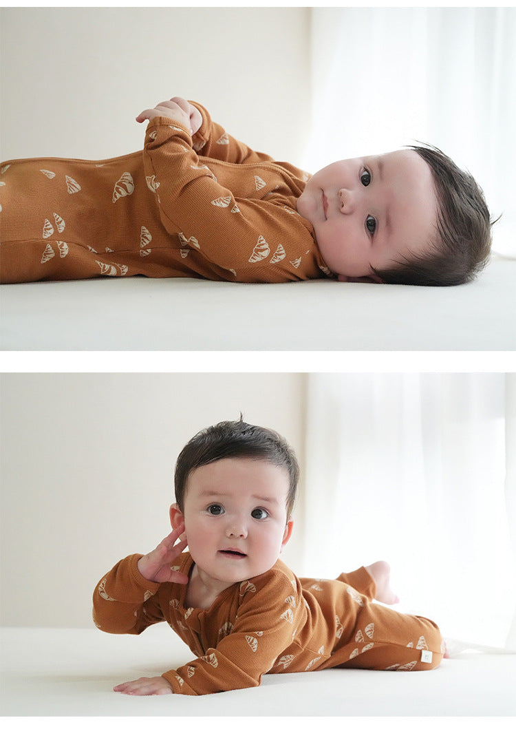 長袖ジャンプスーツ 長袖ジャンプスーツ ジップアップ ブレッド クロワッサン 鳥 バード プリント カバーオール【mh0011730】