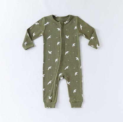 長袖ジャンプスーツ 長袖ジャンプスーツ ジップアップ ブレッド クロワッサン 鳥 バード プリント カバーオール【mh0011730】