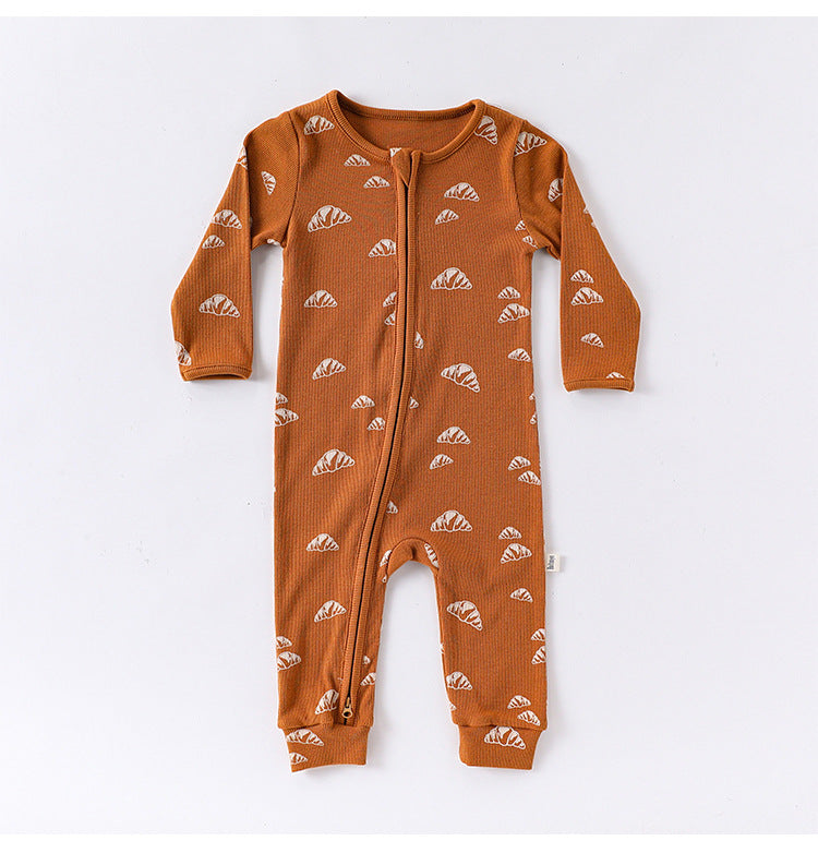 長袖ジャンプスーツ 長袖ジャンプスーツ ジップアップ ブレッド クロワッサン 鳥 バード プリント カバーオール【mh0011730】