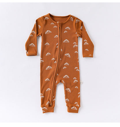 長袖ジャンプスーツ 長袖ジャンプスーツ ジップアップ ブレッド クロワッサン 鳥 バード プリント カバーオール【mh0011730】