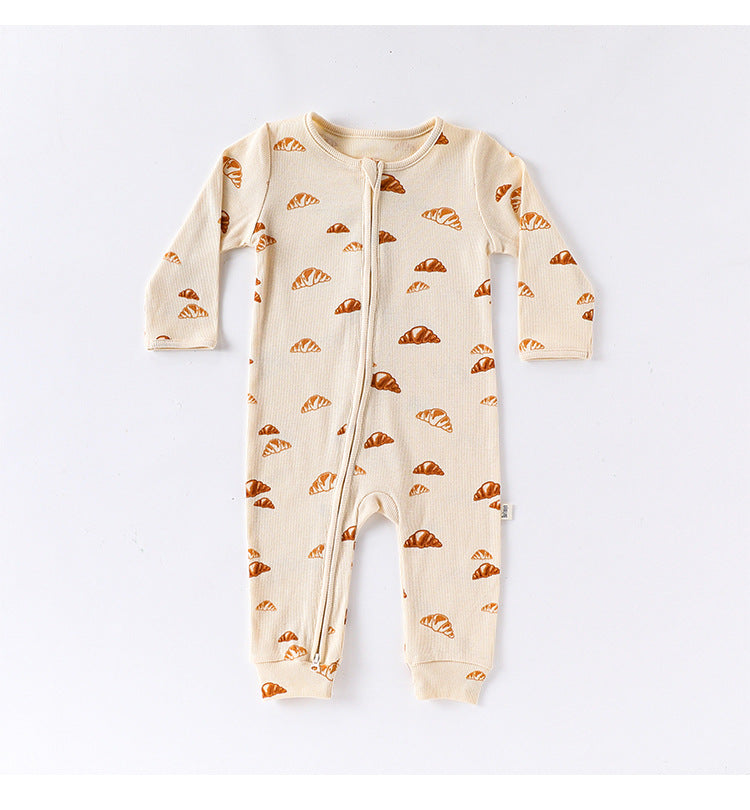 長袖ジャンプスーツ 長袖ジャンプスーツ ジップアップ ブレッド クロワッサン 鳥 バード プリント カバーオール【mh0011730】