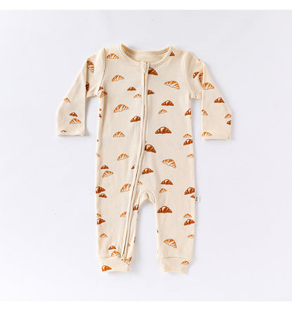 長袖ジャンプスーツ 長袖ジャンプスーツ ジップアップ ブレッド クロワッサン 鳥 バード プリント カバーオール【mh0011730】