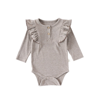 ロンパースセットアップ Oatmeal Bodysuit / 66cm 長袖ロンパース/パンツ ショルダーフリル 無地 ベーシック ボディスーツ【mh0011729】