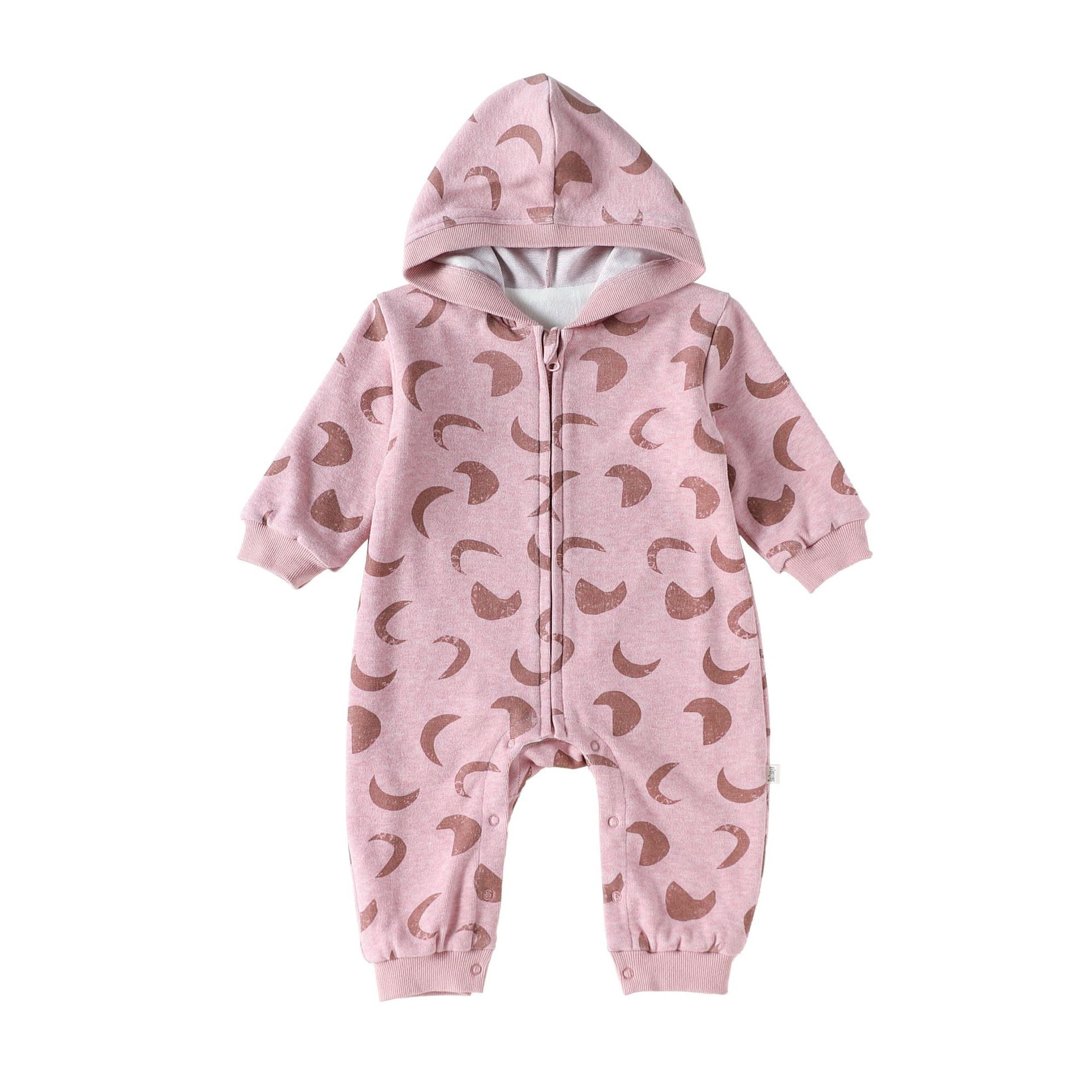 長袖ジャンプスーツ Pink / 66cm ジャンプスーツ 裏起毛 フード付 長袖 プリント【mh0011710】