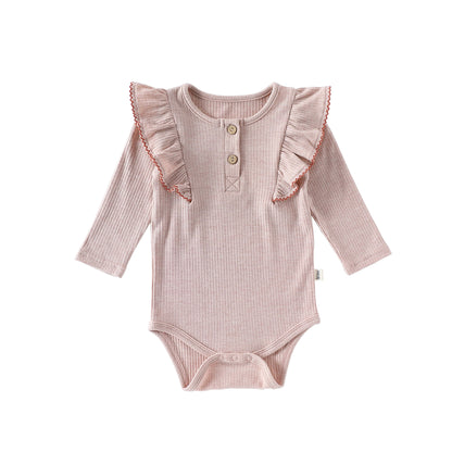 ロンパースセットアップ Pink Bodysuit / 66cm 長袖ロンパース/パンツ ショルダーフリル 無地 ベーシック ボディスーツ【mh0011729】