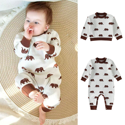 長袖ロンパース ニット長袖ロンパース/Tシャツ 象柄 コットン クルーネック【mh0011718】