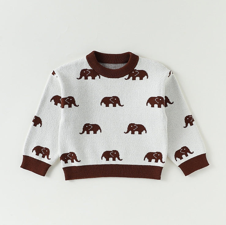 長袖ロンパース ニット長袖ロンパース/Tシャツ 象柄 コットン クルーネック【mh0011718】