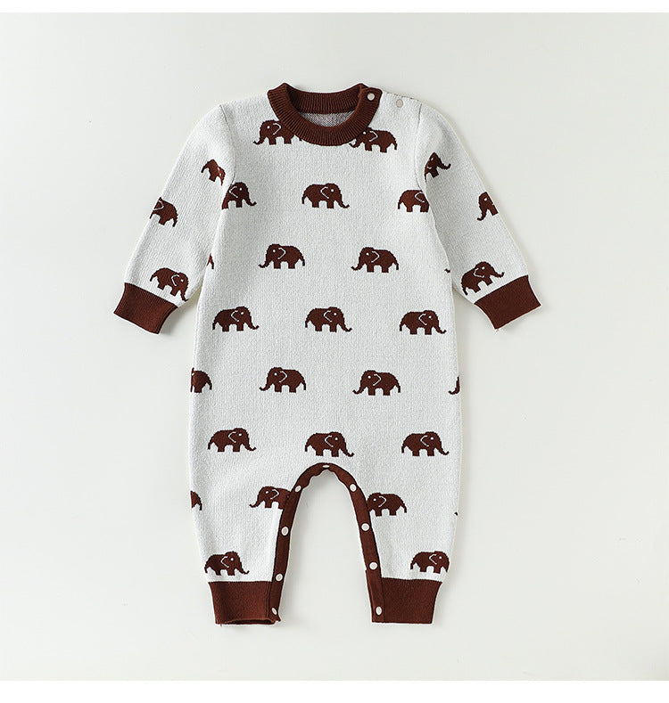 長袖ロンパース ニット長袖ロンパース/Tシャツ 象柄 コットン クルーネック【mh0011718】