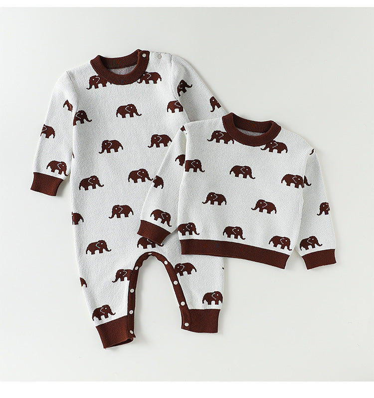 長袖ロンパース ニット長袖ロンパース/Tシャツ 象柄 コットン クルーネック【mh0011718】