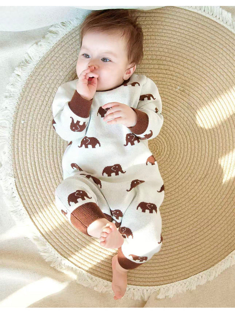 長袖ロンパース ニット長袖ロンパース/Tシャツ 象柄 コットン クルーネック【mh0011718】