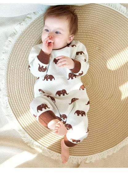 長袖ロンパース ニット長袖ロンパース/Tシャツ 象柄 コットン クルーネック【mh0011718】