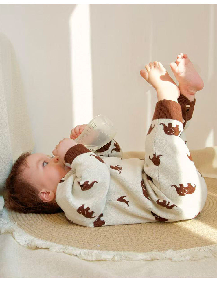 長袖ロンパース ニット長袖ロンパース/Tシャツ 象柄 コットン クルーネック【mh0011718】