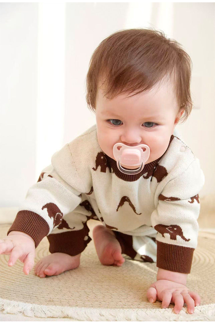 長袖ロンパース ニット長袖ロンパース/Tシャツ 象柄 コットン クルーネック【mh0011718】