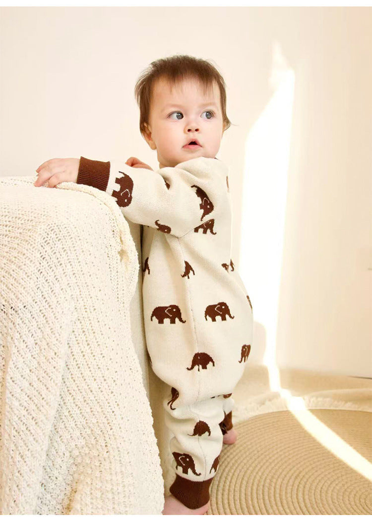 長袖ロンパース ニット長袖ロンパース/Tシャツ 象柄 コットン クルーネック【mh0011718】