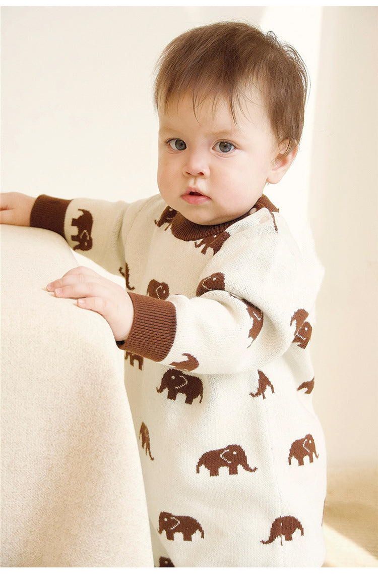 長袖ロンパース ニット長袖ロンパース/Tシャツ 象柄 コットン クルーネック【mh0011718】