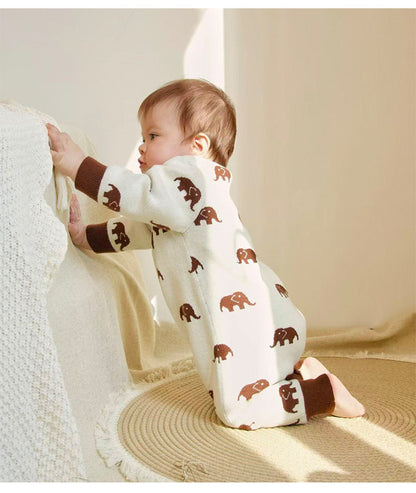 長袖ロンパース ニット長袖ロンパース/Tシャツ 象柄 コットン クルーネック【mh0011718】