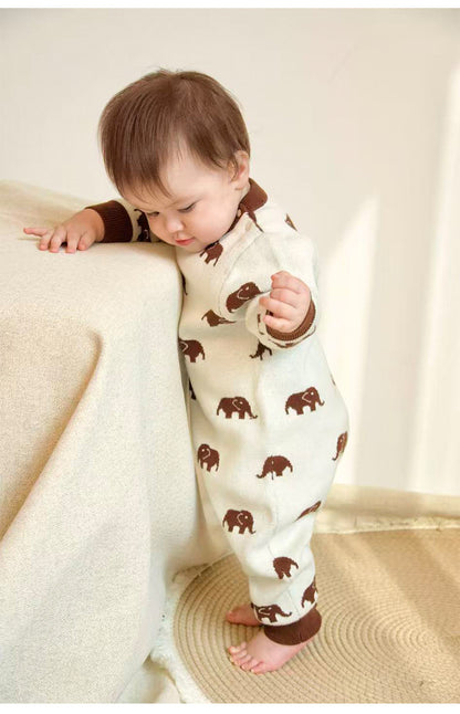 長袖ロンパース ニット長袖ロンパース/Tシャツ 象柄 コットン クルーネック【mh0011718】