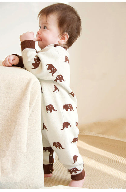 長袖ロンパース ニット長袖ロンパース/Tシャツ 象柄 コットン クルーネック【mh0011718】