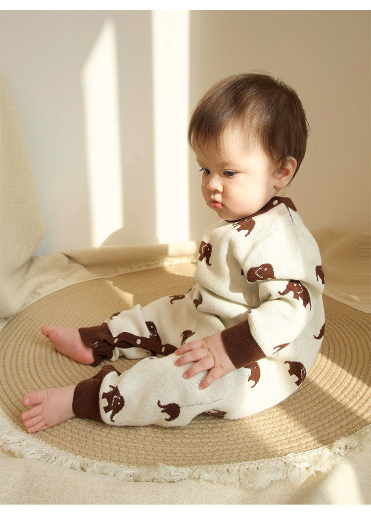 長袖ロンパース ニット長袖ロンパース/Tシャツ 象柄 コットン クルーネック【mh0011718】