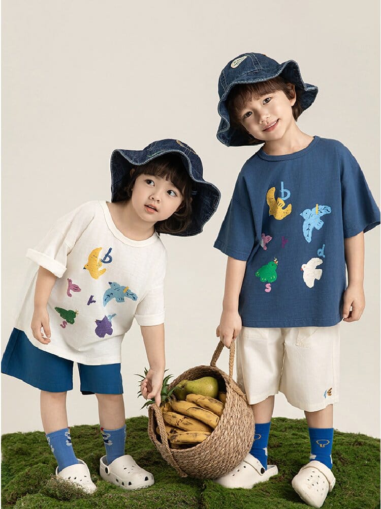Bird Print Cotton Tee & Wide Shorts 小鳥プリント 半袖Tシャツ ショートパンツ【mh0012729】 YoehYaul 半袖セットアップ
