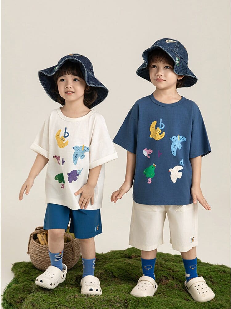 Bird Print Cotton Tee & Wide Shorts 小鳥プリント 半袖Tシャツ ショートパンツ【mh0012729】 YoehYaul 半袖セットアップ