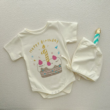 Birthday Cake Costume Hat Set Romper バースデーケーキ 半袖ロンパース 帽子 セット コスチューム【mh0013352】 Beige / 66cm TOMMY'S GIFTS 半袖ロンパース
