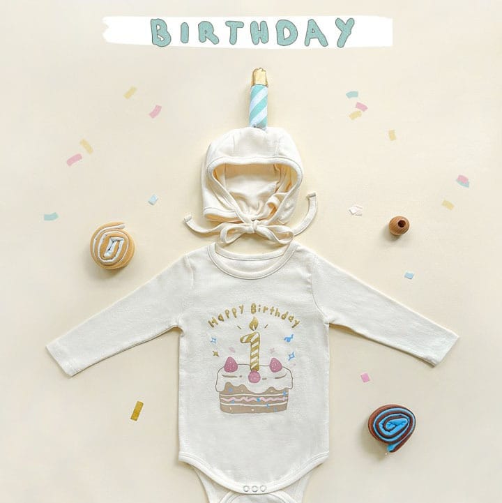 Birthday Cake Costume Hat Set Romper バースデーケーキ 長袖ロンパース 帽子 セット コスチューム【mh0013353】 Beige / 66cm TOMMY'S GIFTS 長袖ロンパース