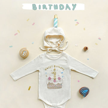 Birthday Cake Costume Hat Set Romper バースデーケーキ 長袖ロンパース 帽子 セット コスチューム【mh0013353】 Beige / 66cm TOMMY'S GIFTS 長袖ロンパース
