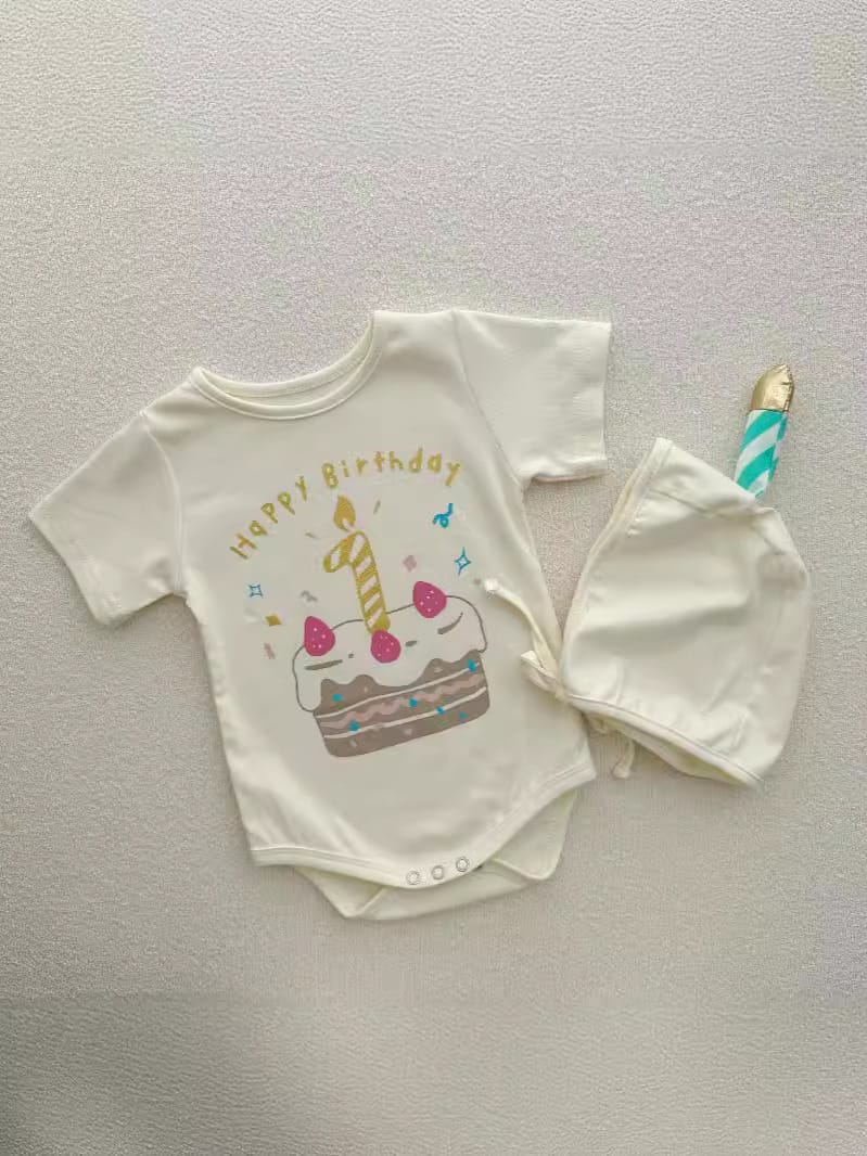 Birthday Cake Print Short Sleeve Romper With Bonnet バースデー 半袖ロンパース【mh0013380】 Beige White / 66cm TOMMY'S GIFTS 半袖ロンパース