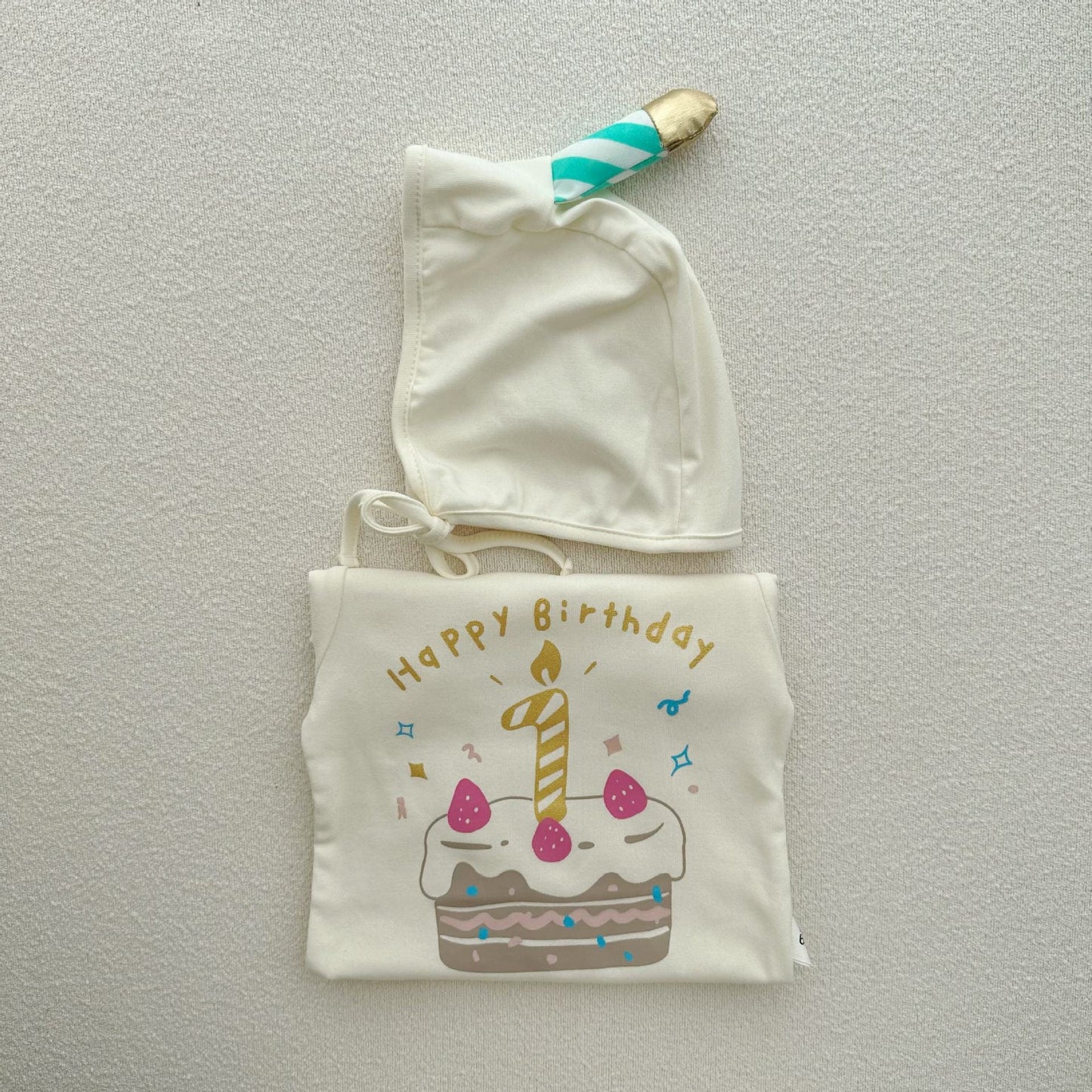 Birthday Cake Print Short Sleeve Romper With Bonnet バースデー 半袖ロンパース【mh0013380】 TOMMY'S GIFTS 半袖ロンパース