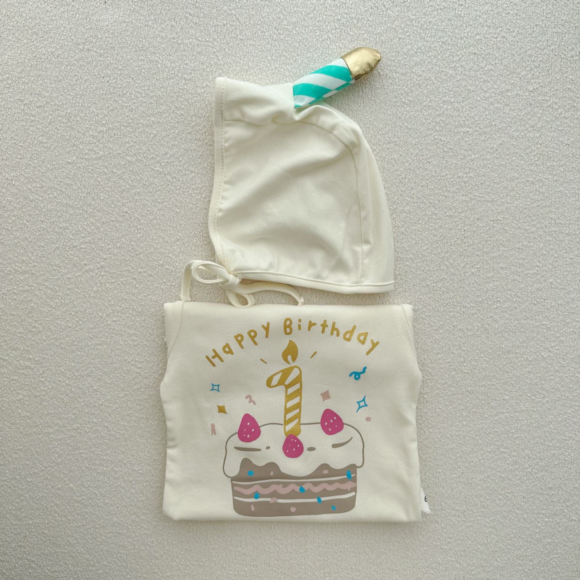 Birthday Cake Print Short Sleeve Romper With Bonnet バースデー 半袖ロンパース【mh0013380】 TOMMY'S GIFTS 半袖ロンパース