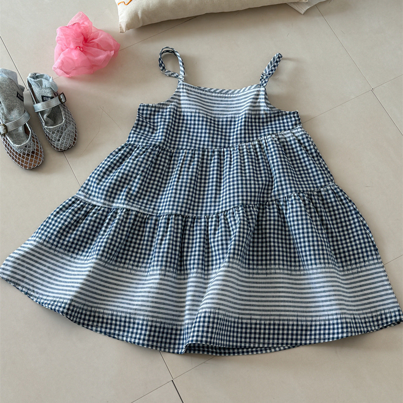 Blue Check Cotton Sleeveless Dress ブルーチェック ノースリーブワンピース【mh0012285】 Blue / 90cm Laibaobao