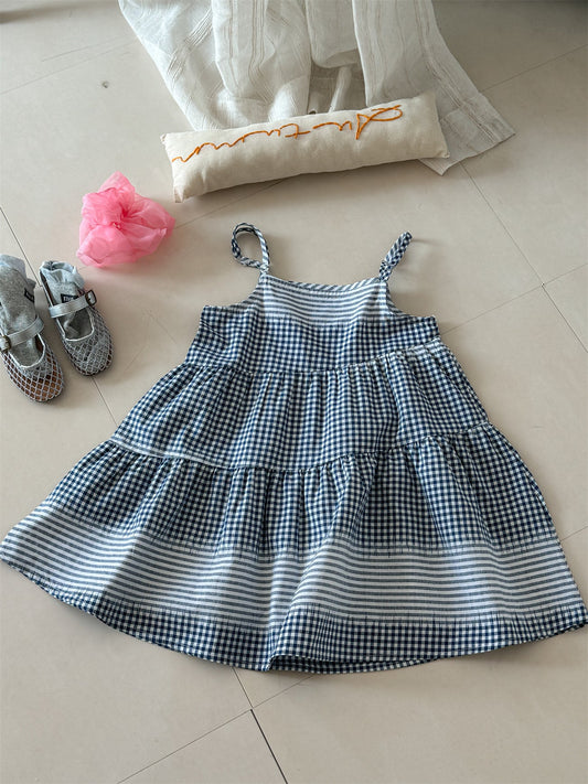 Blue Check Cotton Sleeveless Dress ブルーチェック ノースリーブワンピース【mh0012285】 Laibaobao