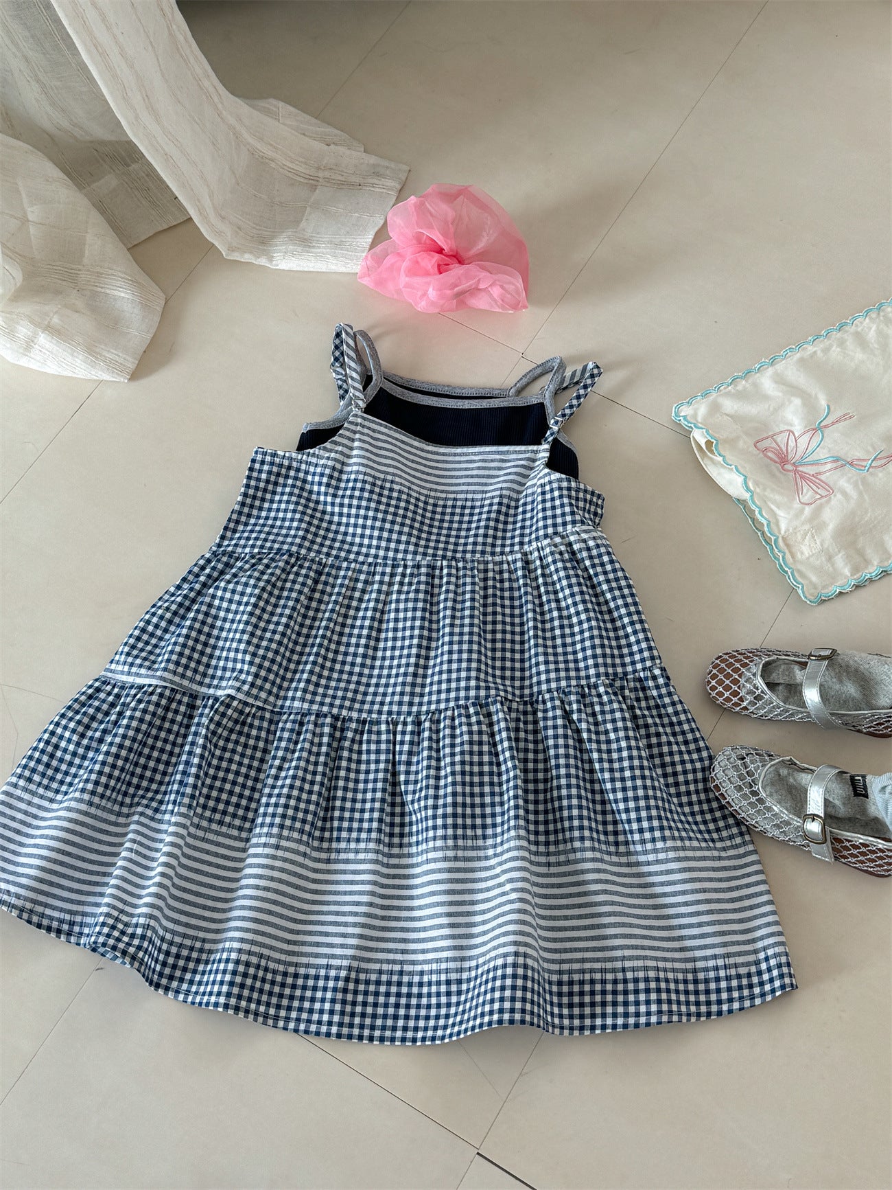 Blue Check Cotton Sleeveless Dress ブルーチェック ノースリーブワンピース【mh0012285】 Laibaobao